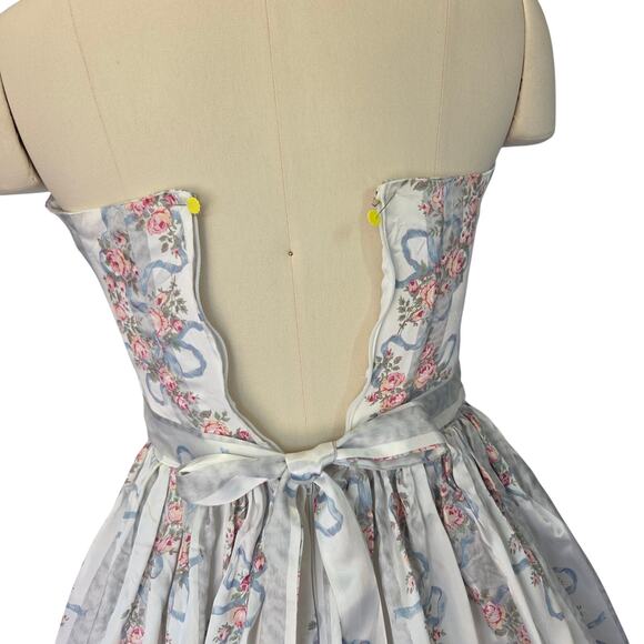 Gunne Sax Vintage 80s Strapless Satin Princess Dress Size 9 Floral Stripe Bows - Picture 9 of 10